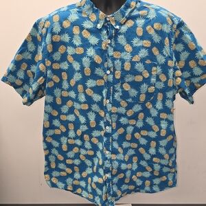 dip Blue Pineapple Print Short Sleeve Button-Down Shirt